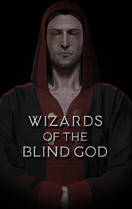 Wizards of the Blind God artwork featuring a hooded wizard and the game title