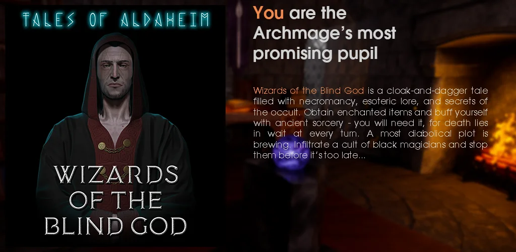 Wizards of the Blind God key art featuring a hooded wizard and an introduction to the adventure